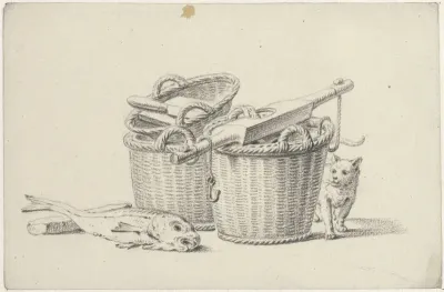 Stilleven met vismanden met juk en een poes