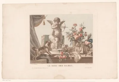 Stilleven op een tafel met een hond en een standbeeld van Cupido