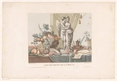 Stilleven op een tafel met een standbeeld van Cupido en een jonge vrouw, mogelijk Venus
