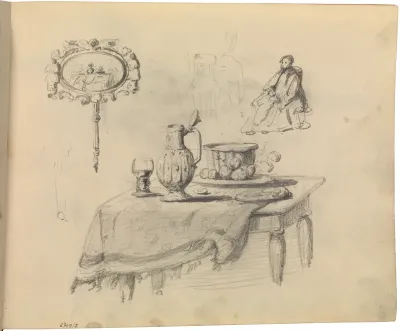 Stilleven, spiegel, zittende figuur