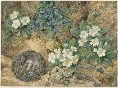 Stilleven van een vogelnestje, viooltjes, primula's en appelbloesem