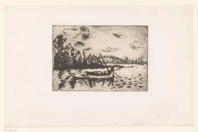 Stilliggend zeilschip aan de kust