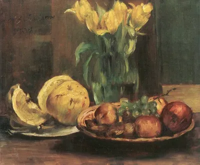 Stillleben mit gelben Tulpen, Äpfeln und Grapefruit