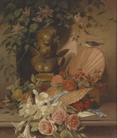 Stillleben mit Rosen, Lilien und Ziergegenständen