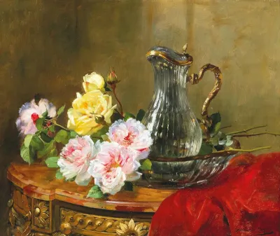 Stillleben mit Rosen und Wasserkaraffe