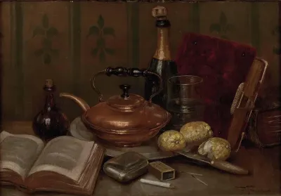 Stillleben mit Sektflasche, Buch und Kupferkanne