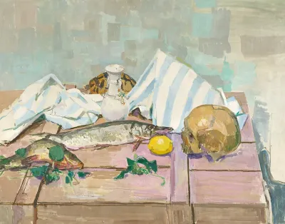 Stillleben mit Totenkopf und Fischen