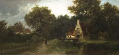 Stimmungsvolle Dorflandschaft mit Figurenstaffage
