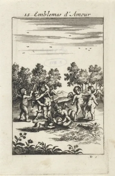 Stoeiende putti in een landschap