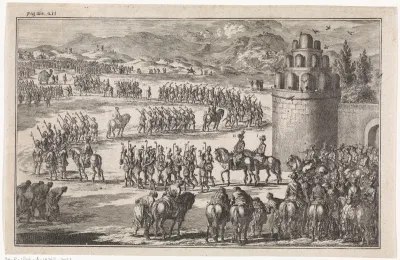 Stoet bij het uitrijden van de koning van Perzië