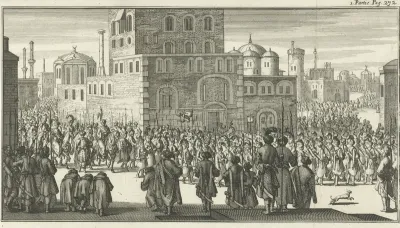 Stoet bij het uitrijden van de sultan met zijn gevolg