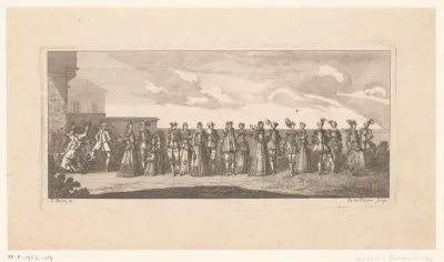 Stoet gemaskerde figuren tijdens carnaval 1683