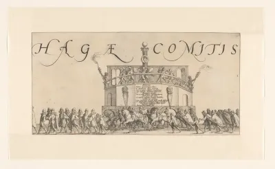 Stoet loopt langs een podium met toneelspelers tijdens de intocht van Robert Dudley te Den Haag, 6 januari 1586