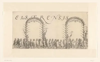 Stoet loopt onder twee bogen door tijdens de intocht van Robert Dudley te Den Haag, 6 januari 1586