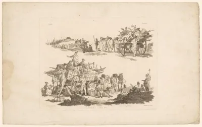 Stoet met soldaten en volgeladen karren