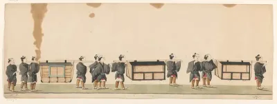 Stoet van elf Japanse dragers met pakketten aan draagstokken