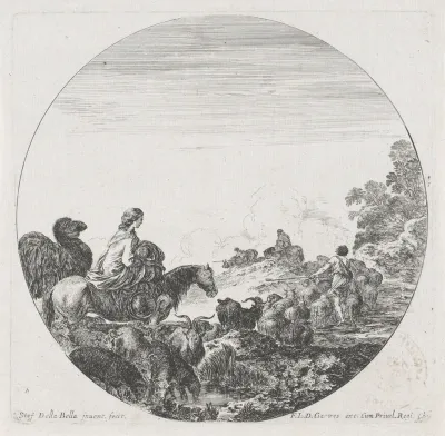 Stoet van herders met dieren in landschap