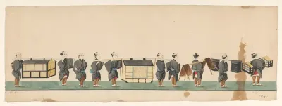 Stoet van tien Japanse dragers met verschillende pakketten aan draagstokken