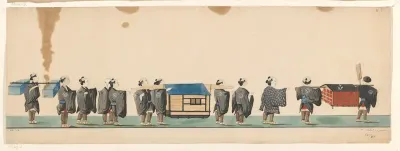 Stoet van twaalf Japanse dragers met verschillende soorten pakketten aan draagstokken