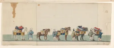Stoet van vijf bepakte paarden met Japanse begeleiders
