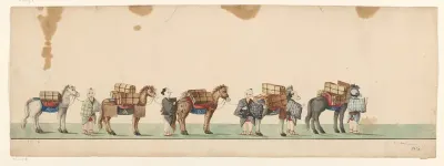Stoet van vijf bepakte paarden met Japanse begeleiders
