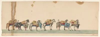 Stoet van zes bepakte paarden met Japanse begeleiders