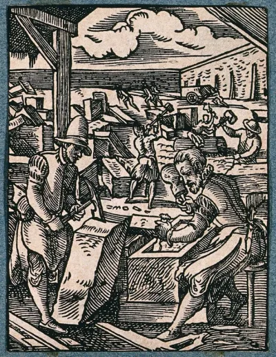 Stone masons working on blocks of stone, making cisterns, columns, building parts etc