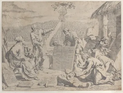Stonemasons carving the arms of the Bolognese Cardinal Petro Vidono, under his direction