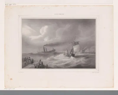 Stoomboot en zeilschip tijdens een storm in een haven