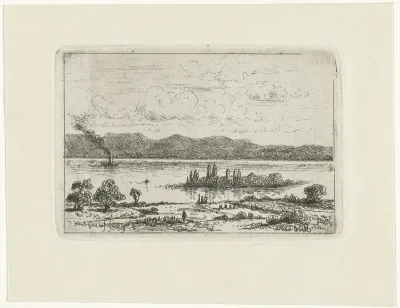 Stoomschip bij een riviereiland