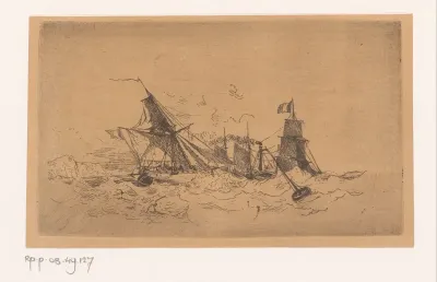 Stoomschip en zeilschepen op onrustige zee