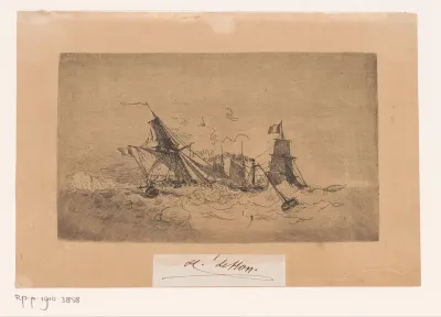 Stoomschip en zeilschepen op onrustige zee