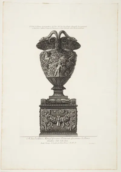 Stor marmorvase med putti og vinløv, fundet i Hadrians Villa i 1769. Set fra siden