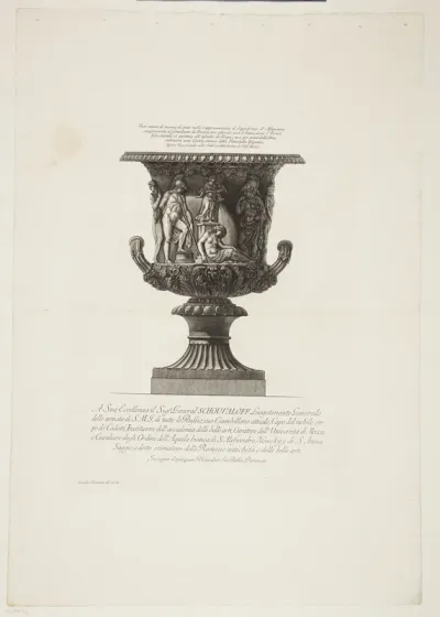 Stor marmorvase udsmykket med et relief forestillende ofringen af Iphigenia