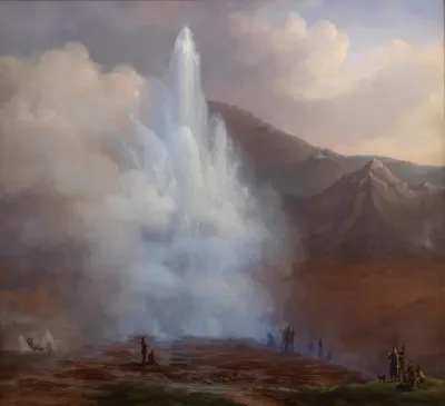 Store Geysir på Island under eruptionen i året 1834