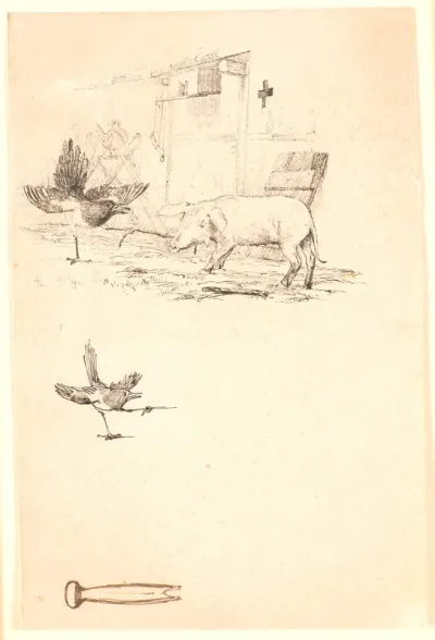 Storken og grisen. Nedenunder studie af skaden og et stykke værktøj. Illustration til Kaalunds "Fabler for Børn". Se kommentar fra arkkatalog.