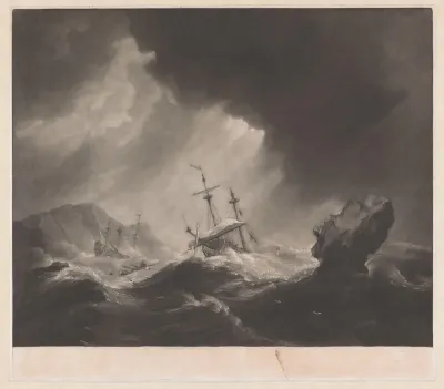 Storm op zee met schipbreuk en zinkend schip