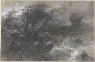 Stormachtig landschap met beek