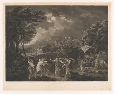 Stormachtig landschap met Macbeth en Banquo bij de drie heksen