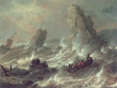 Stormy sea with some boats nearby cliffs