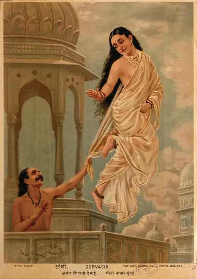 Story of Purūravas and Urvashi: Urvashi flying off to heaven while Purūravas tries to stop her