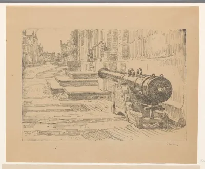 Straat in Enkhuizen met een oud kanon