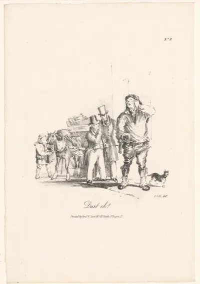 Straat met figuren, stadsomroeper en paard en wagen