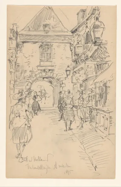 Straat met poort in de nagebouwde stad Oud-Holland op de Wereldtentoonstelling voor het Hotel- en Reiswezen van 1895