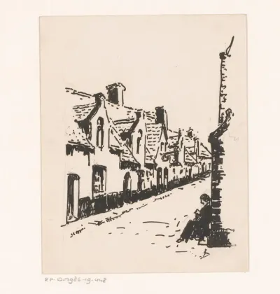 Straat met zittende man bij een muur