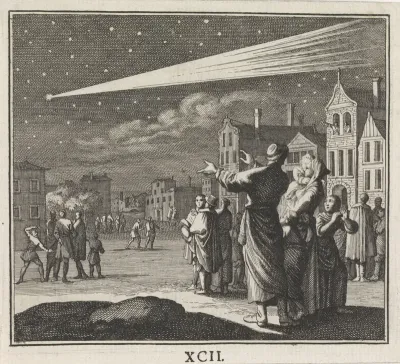Straatbeeld met een komeet in de lucht
