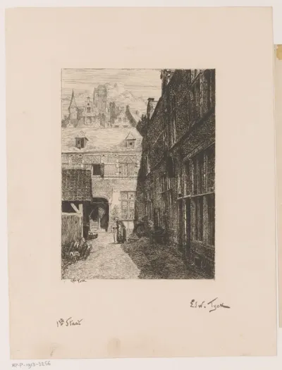 Straatgezicht met toren van de Sint-Jacobskerk