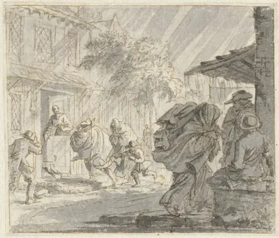 Straatgezicht met zware wind en regen