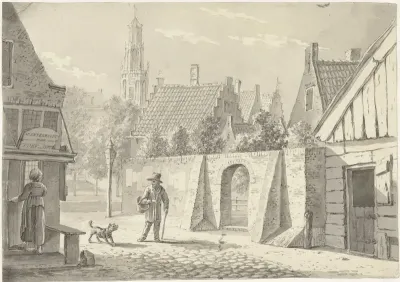 Straatje in Utrecht met de Domtoren in het verschiet