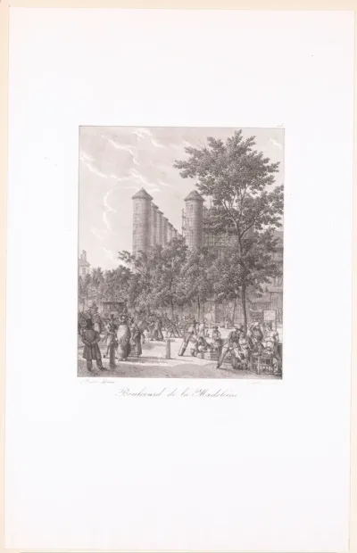 Straatventers, wandelaars en reizigers op de Boulevard de la Madeleine